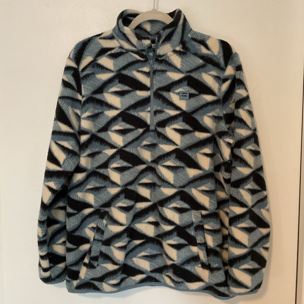 Billabong Geometric Navy, Blue and White Fleece Half Zip Pullover Sweatshirt